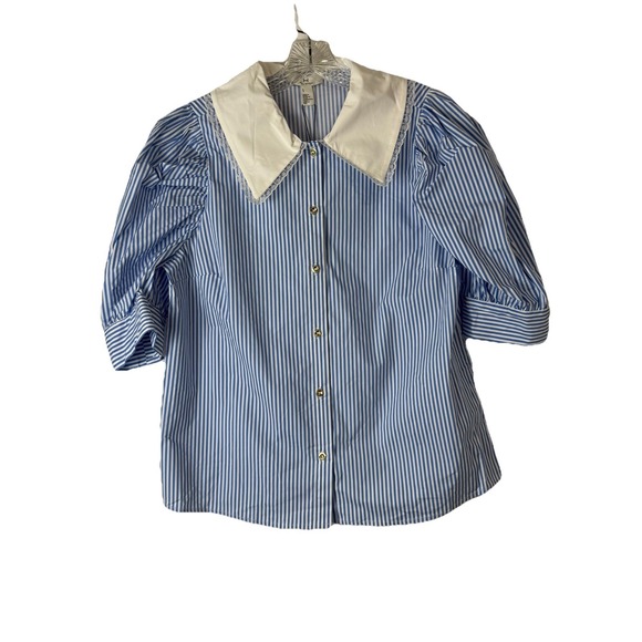 H By HALSTON Blue/White‎ Striped Top Women Size L  NWT Button Up Preppy Teacher - Picture 3 of 12